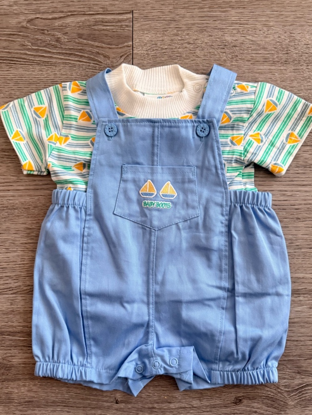 Vintage Baby Boots boy's bubble romper set sailboat embroidery 6 month